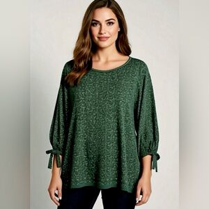 Max Studio Women’s Green Micro Floral 3/4 Sleeve W/  Cuff Tie Top Sz 1X Peasant